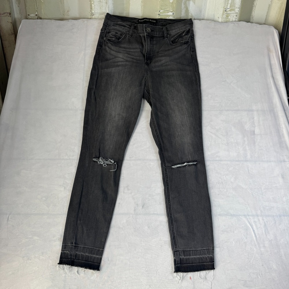 Express Womens Ankle Legging Jeans Black High Rise Raw Hem Distressed Denim 8R